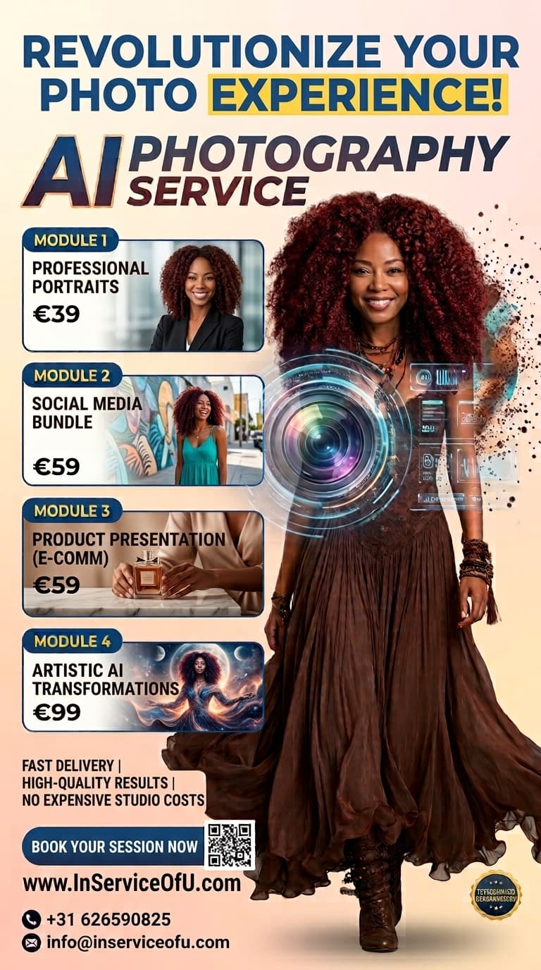 AI Photography Service flyer with pricing modules and booking details